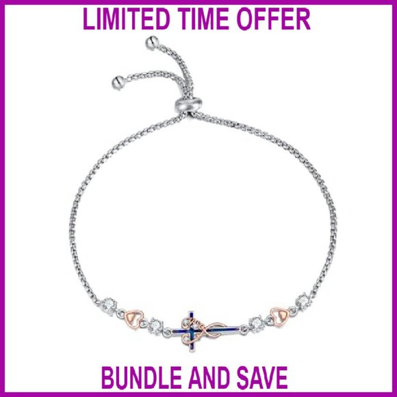 Sterling Silver Sideways Cross Bracelet Adjustable Chain Religious Jewelry - Picture 2 of 8